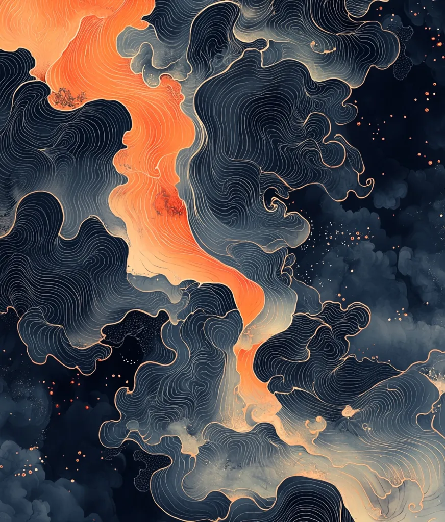 The image is an abstract painting with a dark blue background and swirling lines in shades of grey and black. A vibrant orange streak flows down the center of the image, resembling a river or path. The image has a dreamlike quality, reminiscent of flowing water, smoke, or clouds. Tiny gold dots are scattered throughout the composition, adding a subtle sparkle. The overall effect is both calming and dynamic.