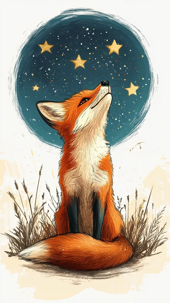 A red fox sits in a field of tall grass, looking up at a blue circle filled with stars. It has its tail curled around its body, and its ears are perked up. The fox's fur is a vibrant orange, and its eyes are a deep brown. The stars are yellow and twinkle brightly against the dark blue background. The image is a whimsical depiction of a fox gazing at the night sky.