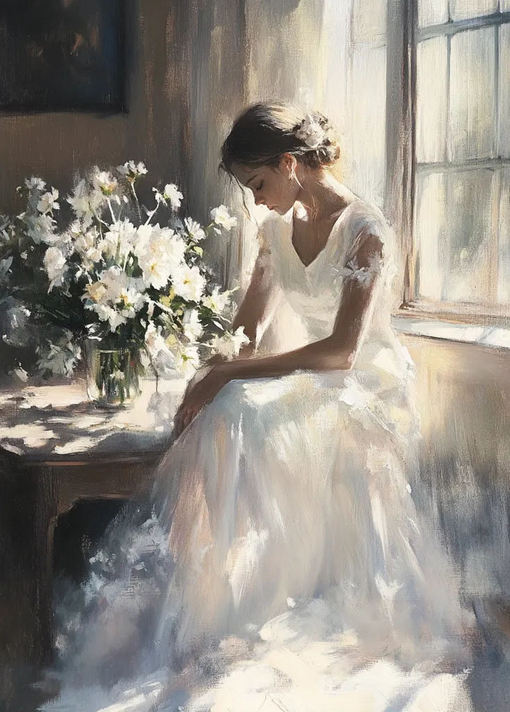 The painting depicts a woman in a white dress sitting by a window, bathed in soft sunlight. Her head is bowed, and she appears lost in thought. A vase of white flowers sits on a table beside her, adding a touch of beauty and serenity to the scene. The overall impression is one of quiet contemplation and inner peace. The artist has used a delicate brushstroke to capture the soft light and the woman's delicate features.