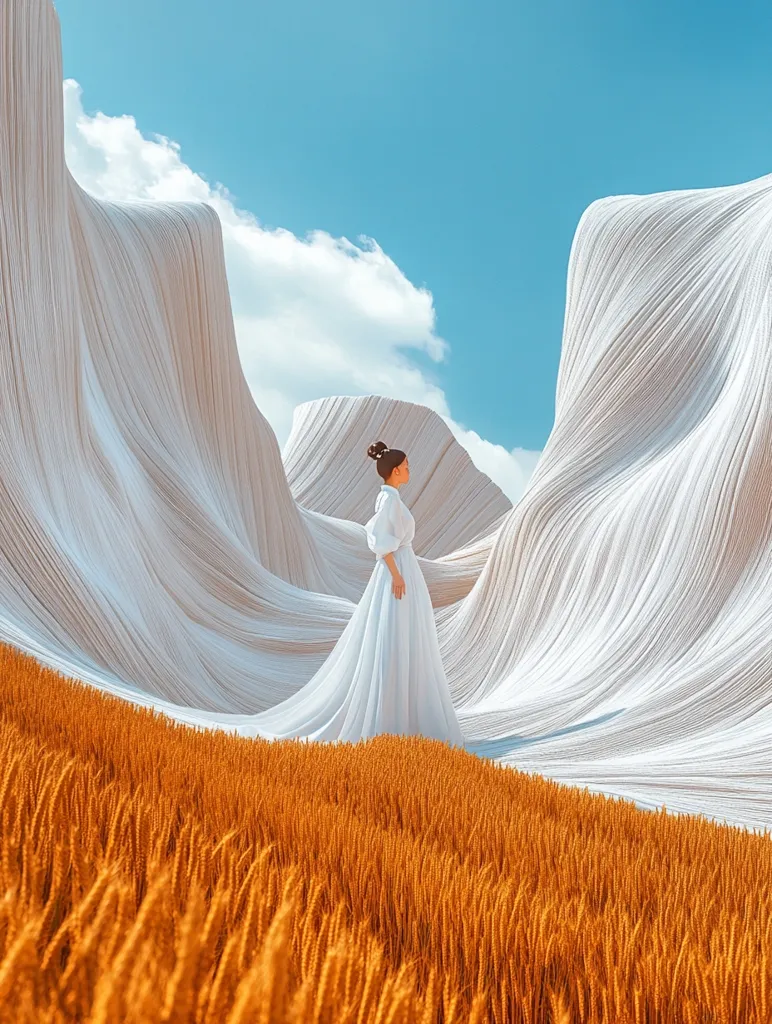 A woman in a white dress stands on a field of golden wheat, looking towards the right.  Behind her, two large, white, fabric-like structures rise up against a bright blue sky.  The structures resemble folds of soft, flowing cloth, creating an otherworldly landscape.