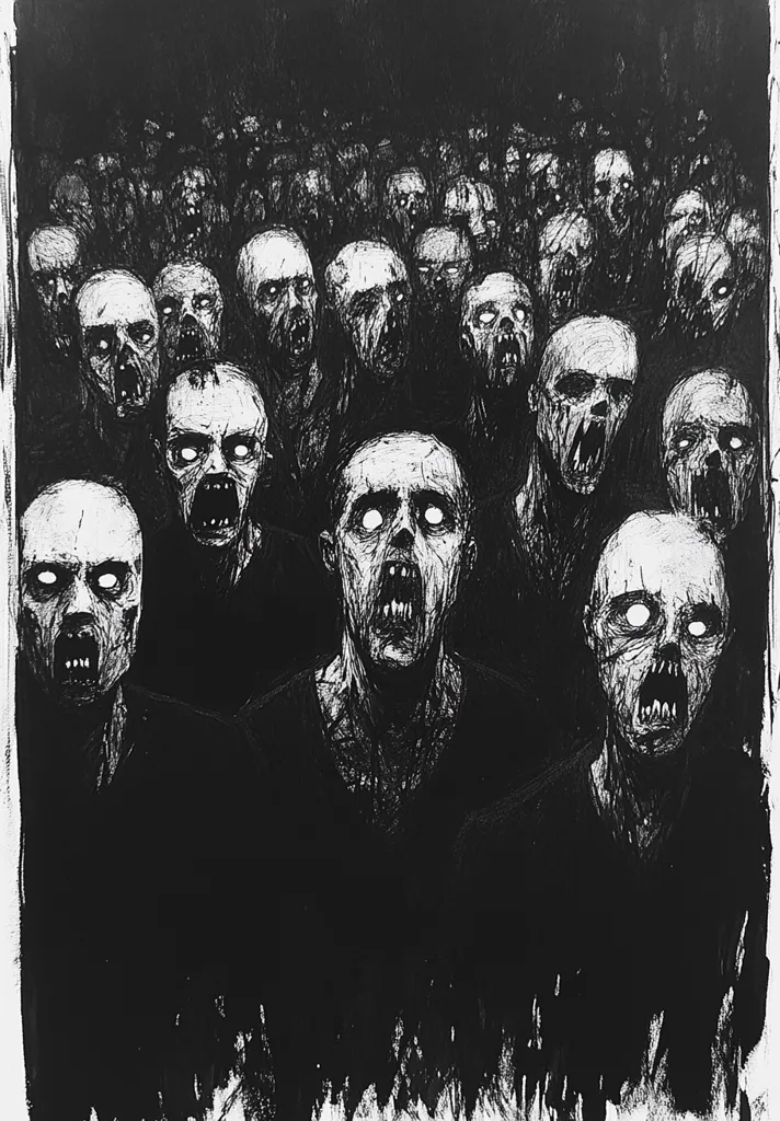 A black and white drawing of a horde of zombies, drawn in a sketchy style. The zombies are all in a state of decay, with their flesh hanging off their bones. They are all looking at the viewer with a menacing expression, their mouths open in a silent scream. The image is dark and unsettling, evoking a sense of horror and dread.  The drawing is done with a fine line, giving the image a sense of detail and realism.
