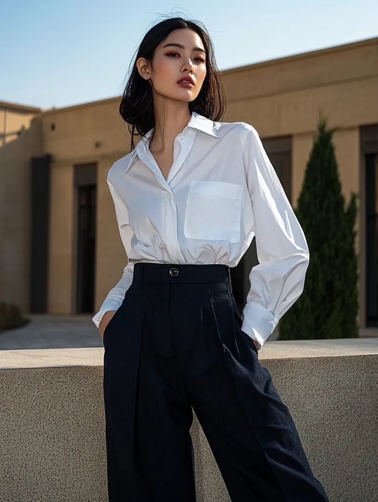 A young woman with long dark hair is wearing a white collared shirt with a large pocket on the left side and black high-waisted trousers. She is standing in front of a building with a neutral expression. Her hands are in her pockets. The image is taken from a low angle and is well-lit.