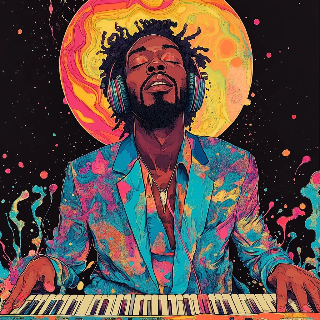 A man with a beard and afro wearing headphones and a colorful suit is playing a keyboard. He has his eyes closed, and a large, colorful planet appears in the background. The image is filled with vibrant colors and swirling patterns, creating a psychedelic and energetic atmosphere. The overall mood is one of joy, inspiration, and musicality.