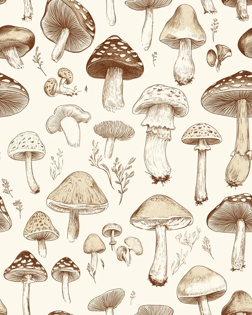 The image depicts a whimsical collection of mushrooms in various shapes and sizes, drawn in a detailed, hand-drawn style. They are arranged on a cream-colored background with delicate, stylized leaves and twigs scattered around them. The mushrooms are depicted in various stages of growth, with some standing tall and others appearing more delicate and petite. The overall tone of the image is lighthearted and playful, with a touch of whimsy and charm.