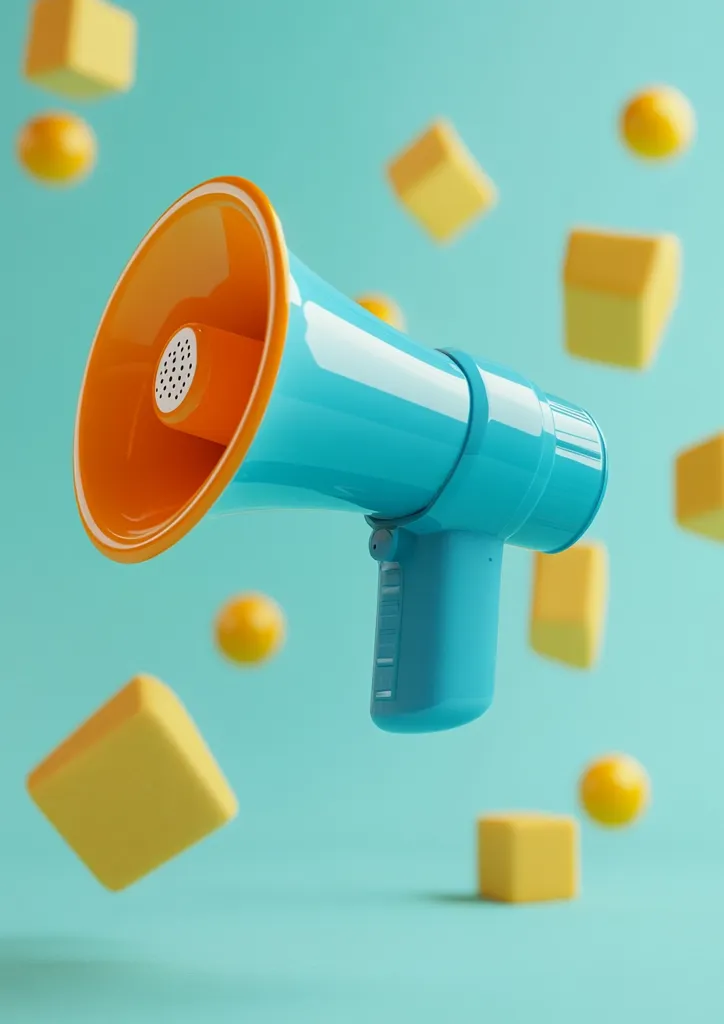 A blue and orange megaphone hangs in the air against a light blue background.  It appears to be floating among several small yellow squares and spheres.  The megaphone is pointing to the right of the image.  The image is rendered in 3D.  The scene is playful and cheerful.