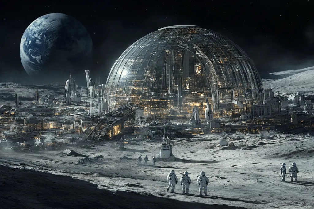 A futuristic lunar city with a large, dome-shaped structure in the foreground. The city appears to be well-established, with buildings and infrastructure spanning across the lunar surface. Several astronauts in white spacesuits walk toward the dome, suggesting human colonization of the moon. Earth, a blue sphere, hangs in the black sky above. The scene is a vision of a future where humans have successfully expanded their reach beyond Earth.