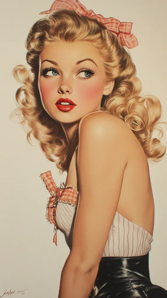 A beautiful woman with long blonde hair and a pink and white checkered bow in her hair is looking away from the viewer. She is wearing a white and pink striped top and a black skirt. The image is painted in a style reminiscent of classic pin-up art. The woman's expression is suggestive and playful.