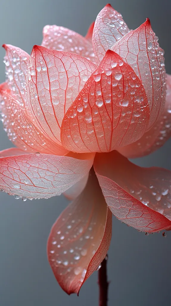 A close-up of a delicate pink lotus flower.  The petals are thin and translucent, with intricate veins visible.  Water droplets glisten on the surface of the petals, reflecting the light and creating a shimmering effect.  The flower is in focus, with a soft, blurred background, highlighting its beauty and fragility.