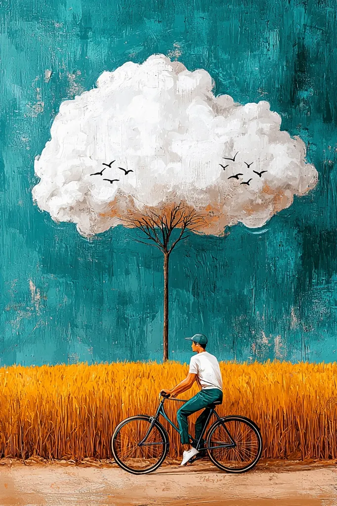 A man on a bicycle rides past a field of golden wheat. A large white cloud hangs in the blue sky, resembling a tree with a bare trunk and branches, while small black birds fly above it. The scene is depicted in a painterly style, with brushstrokes visible and a textured background. The overall feeling is serene and tranquil.