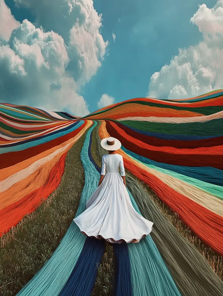 A woman in a white dress and hat walks along a path of colorful yarn laid out across a field. The yarn creates a rainbow effect, and the sky above is blue with fluffy white clouds. The image is a surreal and whimsical scene, with a sense of wonder and possibility.