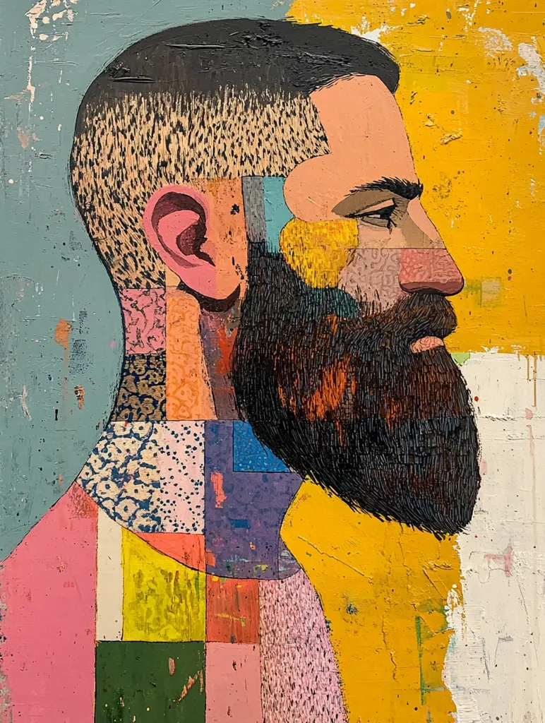 A portrait of a man in profile, painted in a patchwork style. His face is made of brightly colored squares and his beard is made of tiny, dark brushstrokes. The background is a vibrant yellow, with a touch of white. The painting has a bold, graphic quality and seems to be a celebration of the individual.