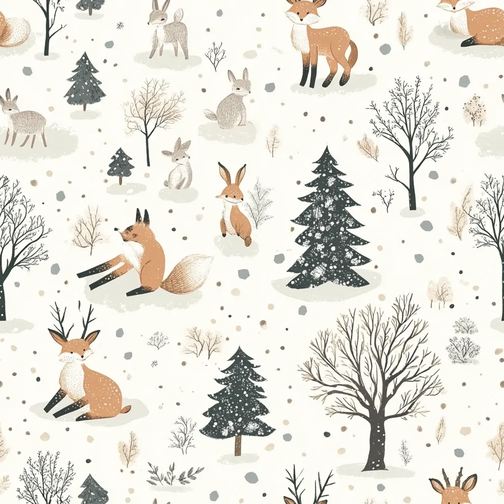 The image is a seamless pattern featuring various woodland creatures and wintery elements. It's set against a white background and includes foxes, deer, rabbits, and pine trees. Small, stylized trees and snowflakes add to the wintery ambiance.  The overall style is whimsical and charming, featuring rounded, cartoonish shapes. The colors are muted and soft, creating a cozy and inviting feel.