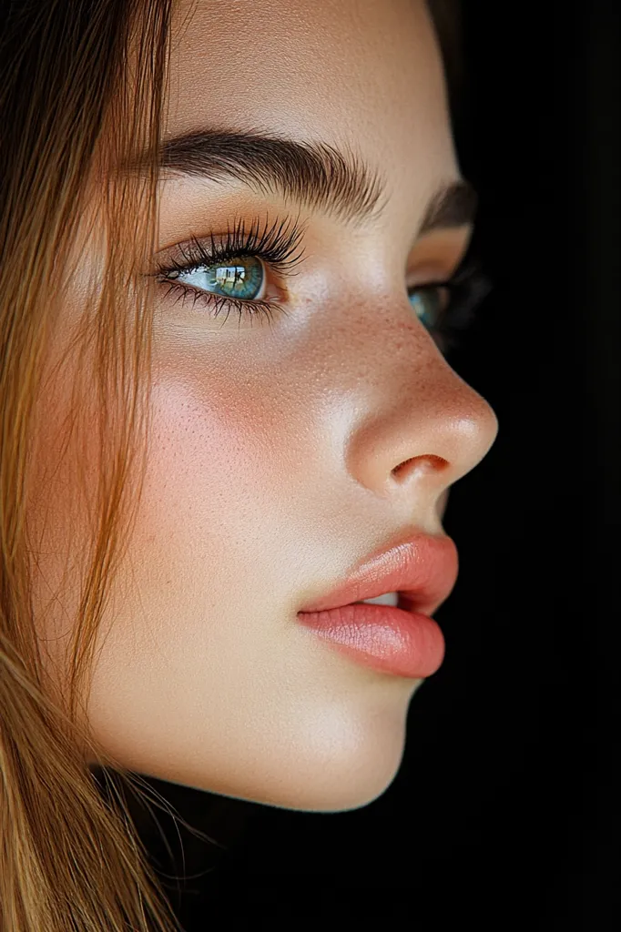 The image shows a close-up of a woman's face, focusing on her right profile. She has light brown hair, a clear complexion with freckles, and blue eyes. Her lips are painted a soft pink, and she appears to be gazing off into the distance. The lighting is soft and warm, casting a gentle glow on her skin.  The background is a simple black, creating a stark contrast with her features.