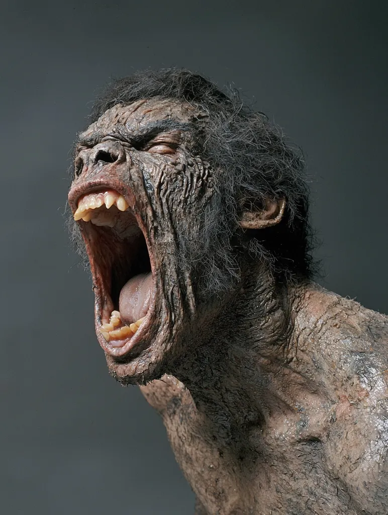 The image shows a close-up of a creature with a grotesque appearance. It has a large, open mouth revealing sharp teeth and a long, protruding tongue. Its skin is wrinkled and covered in dirt, giving it a feral and menacing look. Its eyes are shut tight, as if in a fit of rage. The creature's hair is long and tangled, further adding to its monstrous appearance. Its expression is one of pure primal aggression, leaving the viewer with a sense of unease and fear.  The overall effect is unsettling and suggests a creature that is both dangerous and unsettling.