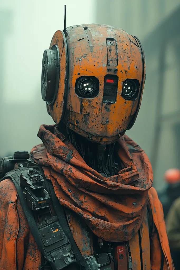 The image portrays a close-up of a futuristic robot. The robot has a large, rounded head, reminiscent of an old-school droid, but with a more organic, weathered texture. Its face is dominated by two large, dark, almost human-like eyes, set within a rusty orange carapace.  A black antenna sits atop its head, and its body is clad in an orange, worn garment, similar to a scarf or a cloak.  The image is likely set in a futuristic, dystopian world, with a muted colour palette and a sense of grit and grime.  The robot’s appearance suggests that it is a machine that has seen a lot of action and has weathered the harsh realities of its world.  It has a rugged, worn look, with visible signs of wear and tear, giving it a sense of character and history.