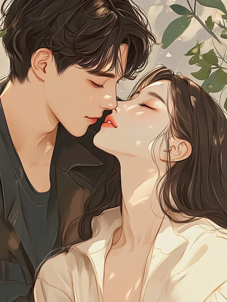 The image depicts a romantic scene of a young man and woman in an intimate embrace. The man has short, dark hair and is wearing a black shirt and a brown jacket. The woman has long, dark hair and is wearing a white shirt. They are looking into each other's eyes with love and passion, and their lips are about to touch in a tender kiss. The background features a soft blur of green foliage, creating a sense of tranquility and privacy. The artwork is drawn in a soft, delicate style, capturing the essence of a loving couple in a moment of shared intimacy.
