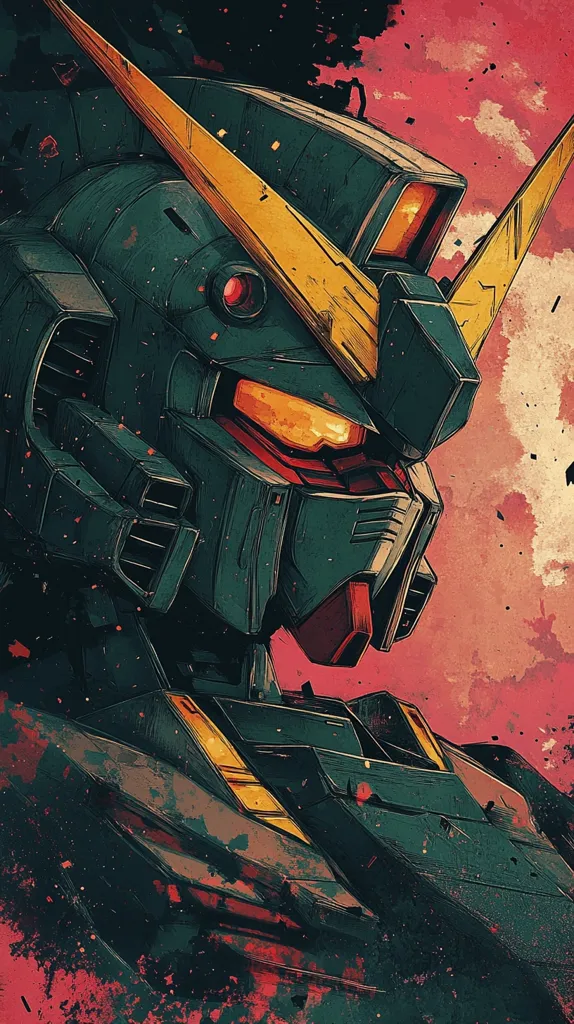 The image is a close-up of a large, imposing robot, drawn in a stylized, almost abstract style. The robot is predominantly dark green, with details in yellow and red. Its head is prominently featured, showing a complex, angular design with a large, open visor. The background is a blurred, abstract blend of red and orange hues, giving the impression of a dynamic, energetic scene. The overall composition is striking, capturing the robot's powerful presence and the energy of its surroundings.