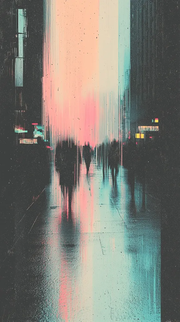 A digital art piece depicts a city street scene. The composition is a blurred, pixelated aesthetic, highlighting a sense of anonymity. Silhouettes of people walk down a street, partially obscured by a digital glitch effect. A pink and blue color palette evokes a dreamy, ethereal atmosphere. The overall impression is one of urban solitude and the passage of time.