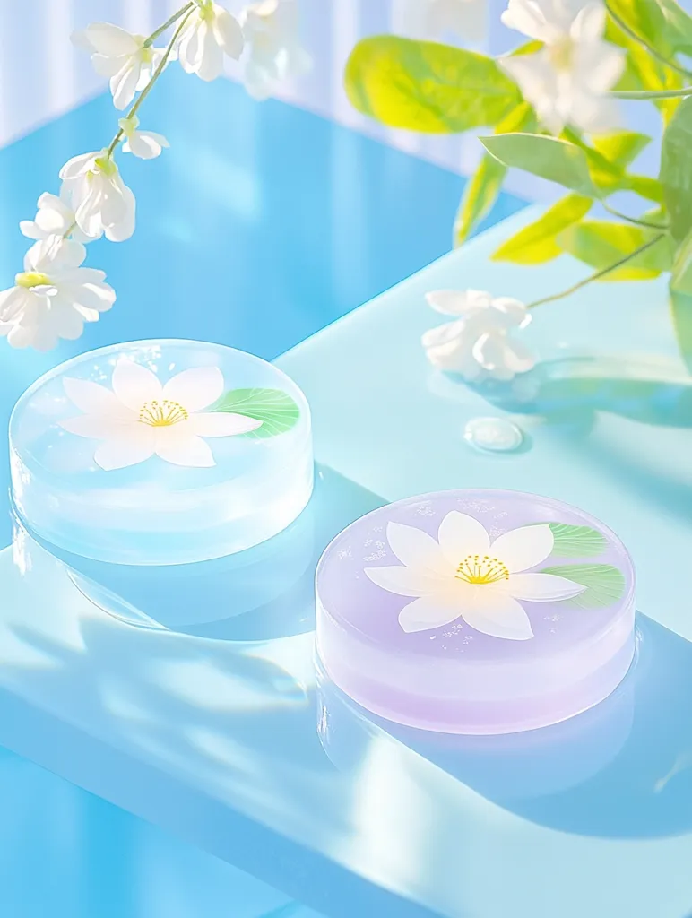 Two round, frosted glass containers with floral designs sit on a light blue surface. The container on the left is blue and features a white flower, while the container on the right is purple and features a white flower. In the background, a sprig of white flowers and green leaves is out of focus.  The scene is bathed in soft, natural light.