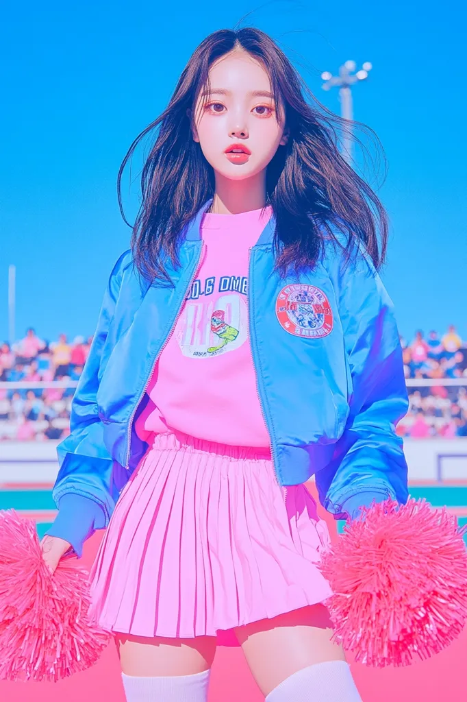 A young woman with long black hair is wearing a blue bomber jacket, pink shirt, and pink pleated skirt. She is holding two pink pom-poms in each hand, and her expression is serious and determined. The background is a blurred image of a sports field, with a blue sky in the distance. The image has a vibrant and playful aesthetic.