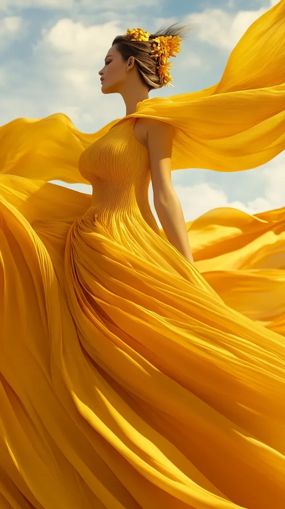 A woman in a flowing yellow gown stands against a blue sky with white clouds. The dress is billowing in the wind, creating a dramatic and ethereal effect. She wears a flower crown and her hair is slightly tousled, adding to the whimsical feel of the image. The bright yellow of the dress contrasts beautifully with the blue of the sky, creating a visually striking scene.