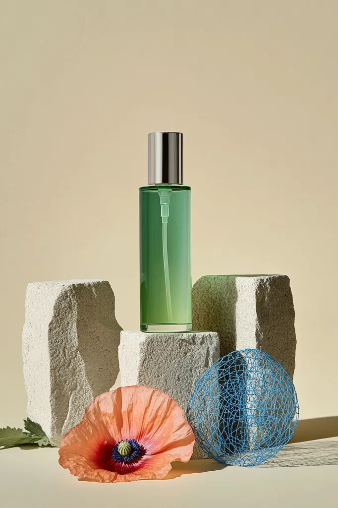 The image shows a green glass bottle of perfume with a silver cap, resting on a small white stone platform. Beside it, there are two larger white stones and a blue net ball. A delicate orange poppy flower lays in the foreground, adding a touch of color and softness to the scene. The backdrop is a warm beige, highlighting the beauty of the objects. The image has a simple and elegant aesthetic, capturing the essence of a calm and natural setting.