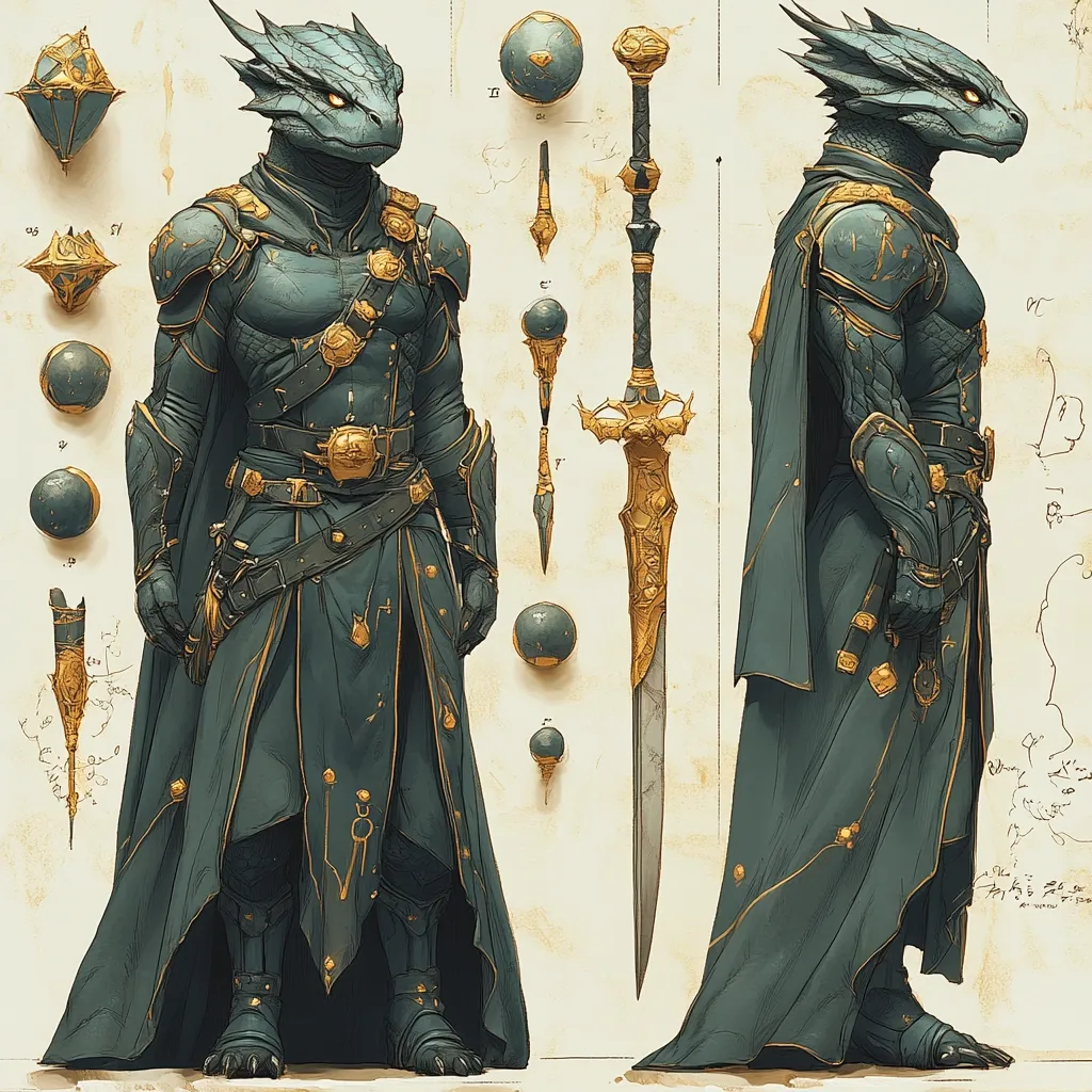 The image depicts a humanoid lizard creature, likely a dragonborn, wearing ornate, detailed armor and a flowing robe. The creature stands with its arms crossed, showcasing intricate gold accents on its armor and accessories. The background features various sketches and annotations, suggesting the image is a character design or concept art. A large sword with golden accents stands beside the creature, further emphasizing its warrior-like nature. The overall tone is elegant and powerful, showcasing the creature's authority and confidence.