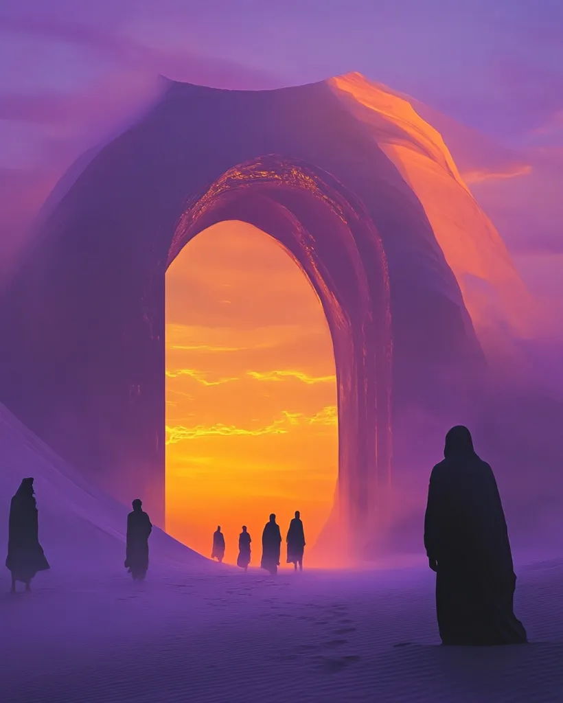 A large, rocky archway stands in a desert landscape, framing a vibrant orange sunset.  Seven figures in long, dark robes walk towards the archway, silhouetted against the glowing sky. The scene evokes a sense of mystery and adventure, suggesting a journey to an unknown destination. The desert sands are a soft purple hue, adding to the surreal atmosphere.