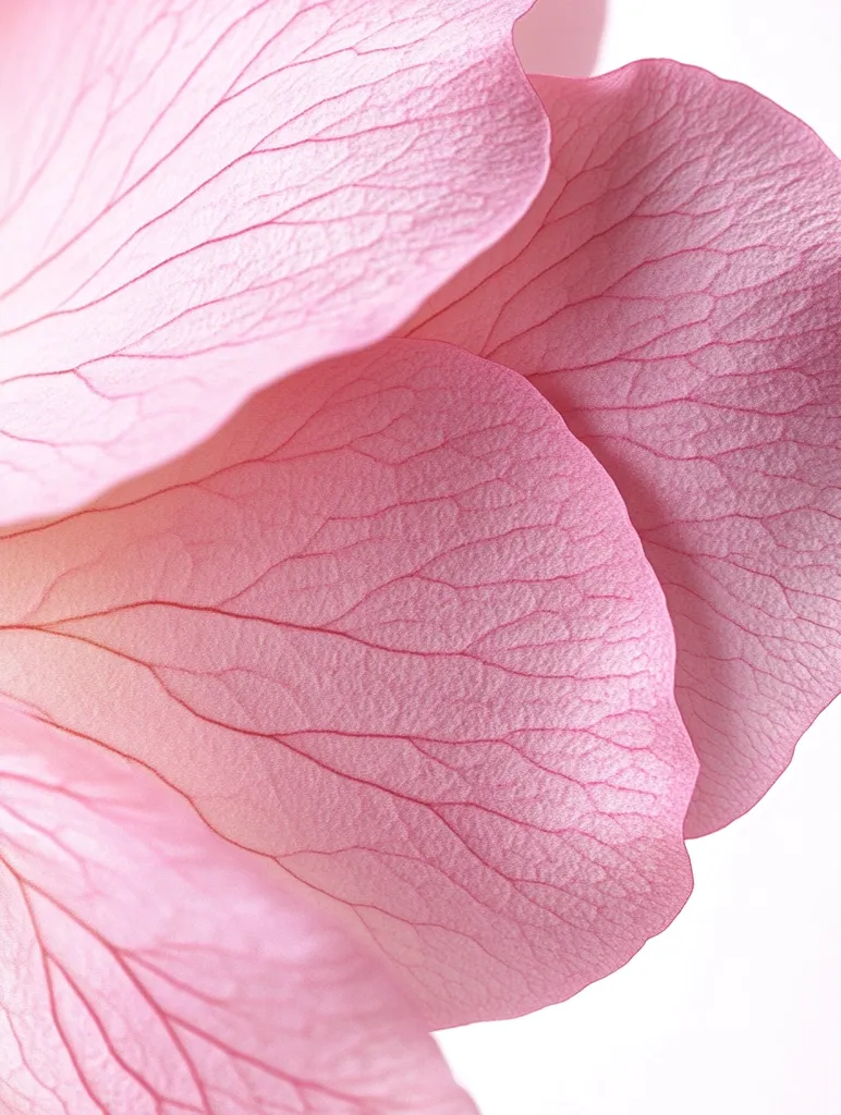 The image shows a close-up of delicate, translucent pink rose petals. The petals are layered, revealing intricate veins and a soft, velvety texture.  The pale pink hue creates a sense of fragility and beauty. The image captures the ephemeral nature of flowers, showcasing their intricate details.