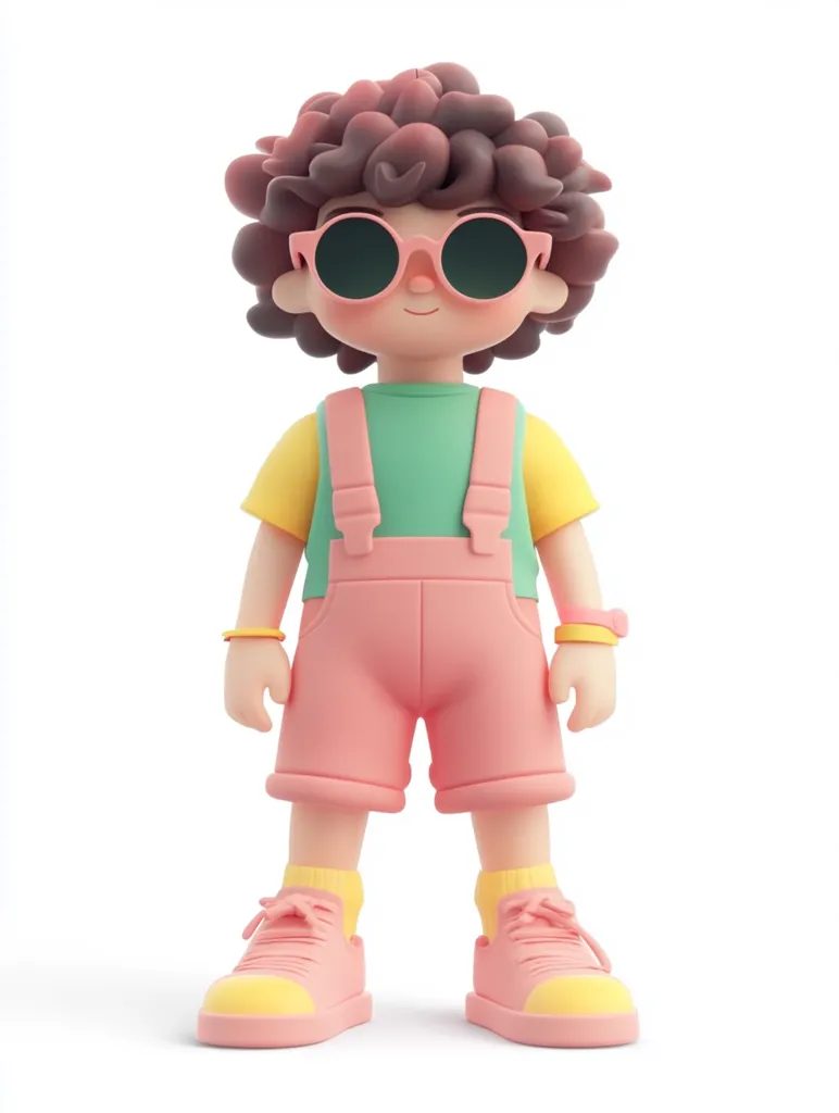 A cartoon character, a young boy, is depicted standing with his feet apart. He has curly brown hair, pink sunglasses, a green short-sleeved shirt, pink overalls, and pink sneakers with yellow accents. He has a friendly expression and appears to be in a good mood. The background is plain white, highlighting the character.