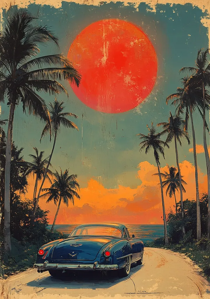 A vintage blue car drives along a beach road lined with palm trees. The sun, a large orange orb, hangs in the sky, casting a warm glow on the scene. The image evokes a sense of calm and nostalgia, with its retro aesthetic and idyllic setting. The faded, textured background adds to the vintage feel.