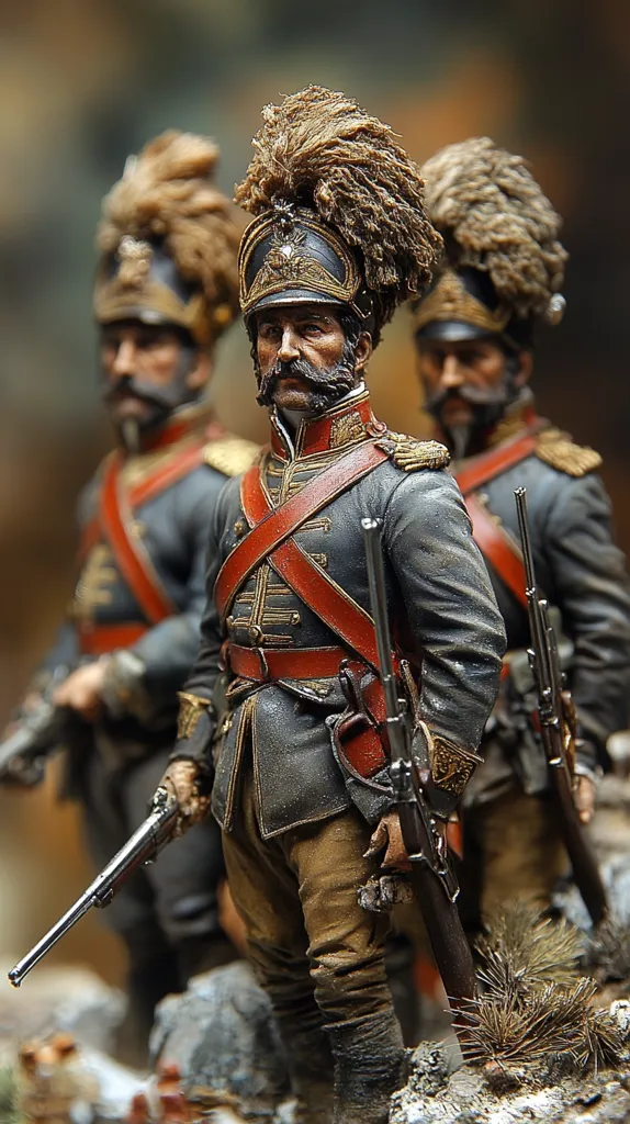 Three soldiers, meticulously sculpted, stand in a line. The central figure, adorned with a tall hat and feathery plume, holds a rifle. He wears a dark blue uniform with red and gold accents. The soldiers to his left and right wear similar attire, their faces stern and their postures rigid. Their rifles rest at their sides. The background is a blurry, out-of-focus backdrop of brown and beige tones.  The figures are in a fighting pose, likely representing a scene from a historical battle.  The level of detail is remarkable, showcasing the craftsmanship of the artist.