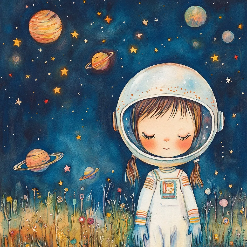 The illustration features a young girl in an astronaut suit, standing amidst a field of colorful wildflowers. She is gazing upwards at a starry night sky filled with planets and twinkling stars. The girl's expression is serene and peaceful, suggesting a sense of wonder and awe at the vastness of space. The watercolor style creates a dreamlike and whimsical atmosphere, making the image feel both magical and heartwarming.
