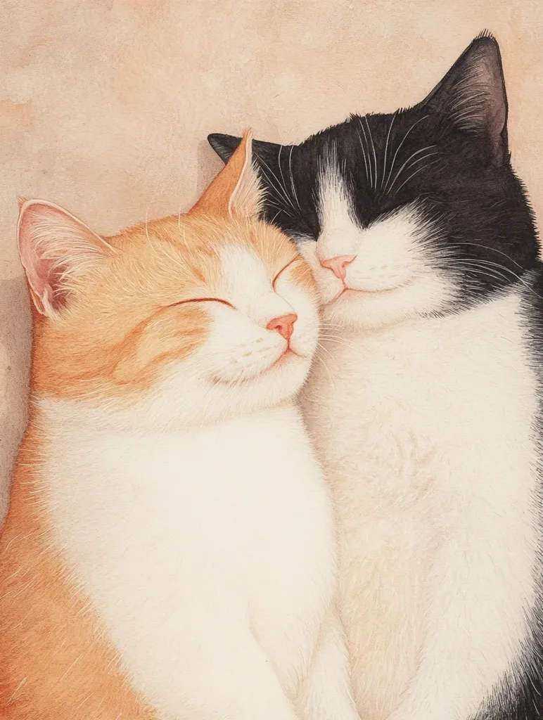 Two cats, one orange and white, the other black and white, are sleeping next to each other.  The orange and white cat is on the left, with its head resting on the black and white cat's back.  Both cats are relaxed and seem to be enjoying each other's company. The illustration is rendered in a watercolor style with soft, delicate lines.  The background is a warm peach color.  The cats' fur is depicted with great detail, giving the impression of softness and warmth.