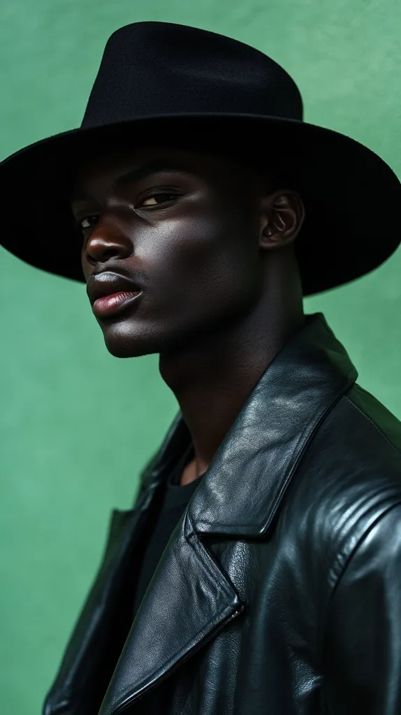 A young black man with a serious expression wears a black fedora and a black leather jacket. He stands against a bright green background, his gaze directed towards the viewer. The image captures a sense of cool and stylish masculinity. His dark skin and piercing eyes create a striking contrast against the vibrant background.  The simplicity of the outfit, combined with the bold accessories, gives the image a timeless and edgy feel.