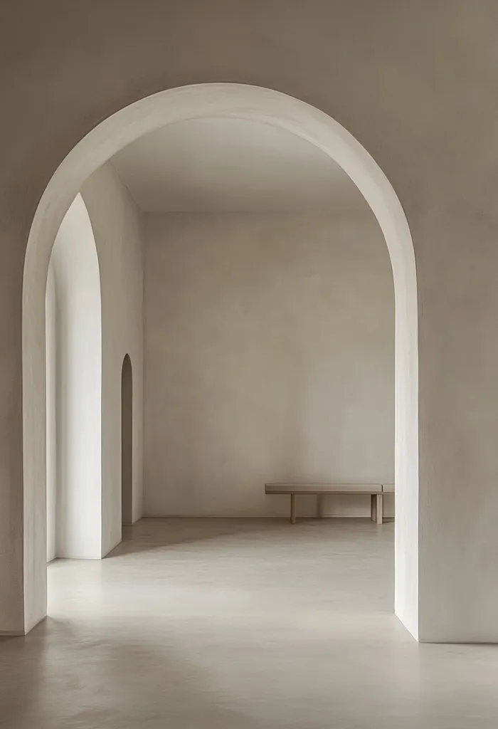 The image shows a minimalist interior with a series of arches leading into a room with a single wooden bench in the center. The walls are a warm white, creating a sense of calm and serenity. The soft light and smooth surfaces contribute to the overall feeling of tranquility.  The image is composed in a way that highlights the simple beauty of the space.