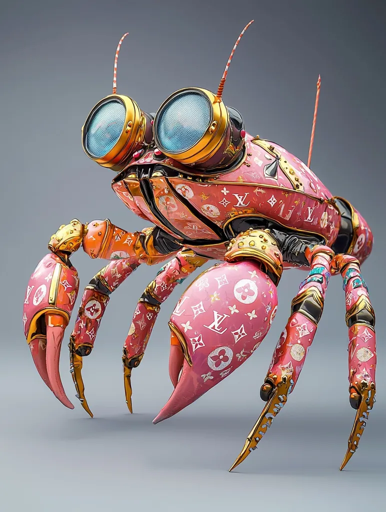 A stylized crab with a pink and gold metallic shell, covered in the Louis Vuitton logo. It has large, round, blue and gold eyes and long, thin antennas. The crab is depicted in a dynamic pose, with its claws raised and its body tilted forward.  The image is set against a plain, gray background, highlighting the crab's intricate details.