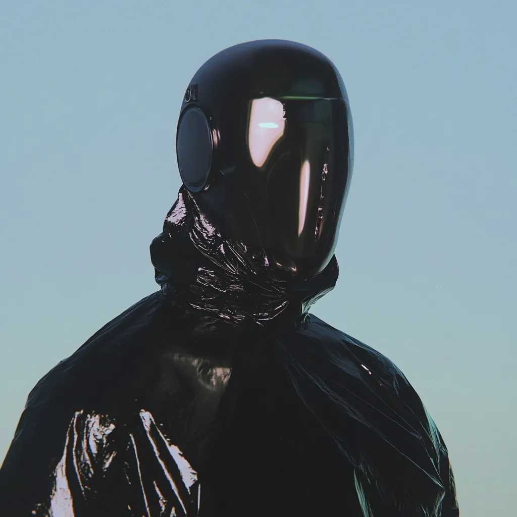 A person wearing a black, shiny, full-face helmet with a visor is seen from the chest up. Their body is covered in a black plastic bag, creating a stark and mysterious appearance. The background is a simple, pale blue, highlighting the figure's dark attire. The image has a futuristic, cyberpunk aesthetic.