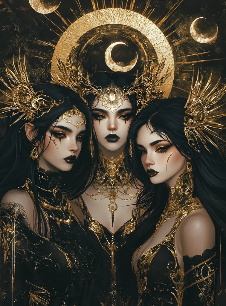 Three women with long black hair, adorned with elaborate golden headpieces and jewelry, stand in a mystical setting. The background features a large golden halo and crescent moons, adding an ethereal touch. The women's dark eyes and dramatic makeup create an intense and captivating presence. The interplay of black and gold evokes a sense of power and grandeur.  They look both beautiful and formidable.
