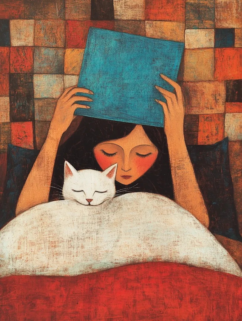 The painting depicts a woman lying in bed, her head covered by a blue book.  She is curled up with a white cat, its head resting on a fluffy white pillow.  The background is a colorful patchwork of red, orange, and brown squares, creating a warm and cozy atmosphere. The woman's eyes are closed, suggesting she is asleep, and the overall mood of the painting is one of peace and serenity.  The artist's use of soft, muted colors and gentle lines further reinforces this sense of tranquility.