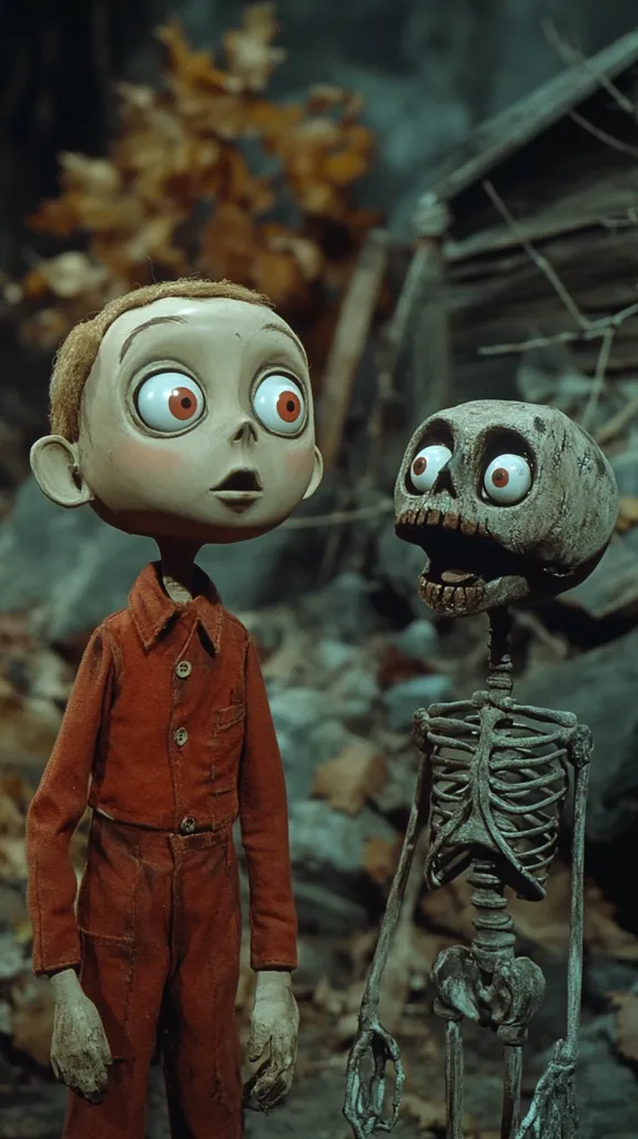 The image shows two stop-motion puppets. One is a boy with large, red eyes, wearing a red jumpsuit. The other is a skeleton with the same large red eyes. The boy looks frightened, while the skeleton is grinning. They are standing in a dark, wooded area. The image has a creepy and unsettling atmosphere.