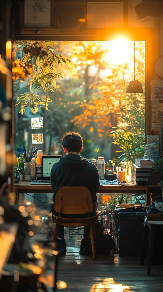 A man sits at a desk by a large window, bathed in the warm glow of the setting sun. He is working on a laptop, surrounded by plants and a cluttered workspace. The window frames a view of lush greenery and the distant horizon, creating a peaceful and contemplative atmosphere. The golden light filters through the room, casting long shadows and adding a sense of tranquility. The man's silhouette is partially obscured, hinting at his focus and concentration.