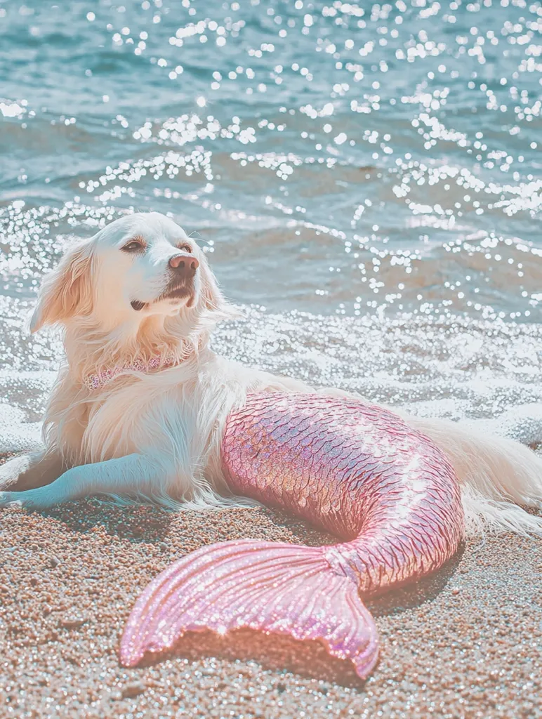 A white dog with a pink, sparkly mermaid tail lays on a sandy beach. The dog looks up at something off-camera with a curious expression. The water laps at the shoreline behind the dog. The photo is taken from a slightly elevated angle and the colors are soft and pastel.