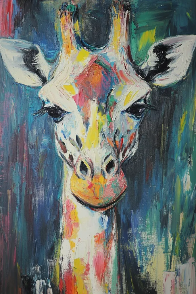 The image is a colorful oil painting of a giraffe's head and neck. The giraffe's fur is painted in a variety of colors, including white, pink, yellow, and orange. The background is a dark blue color, with some green and yellow accents. The giraffe's eyes are large and dark, and its mouth is slightly open. The painting has a bold and abstract style, and the artist has used thick brushstrokes to create a textured surface. The image conveys a sense of wonder and beauty.