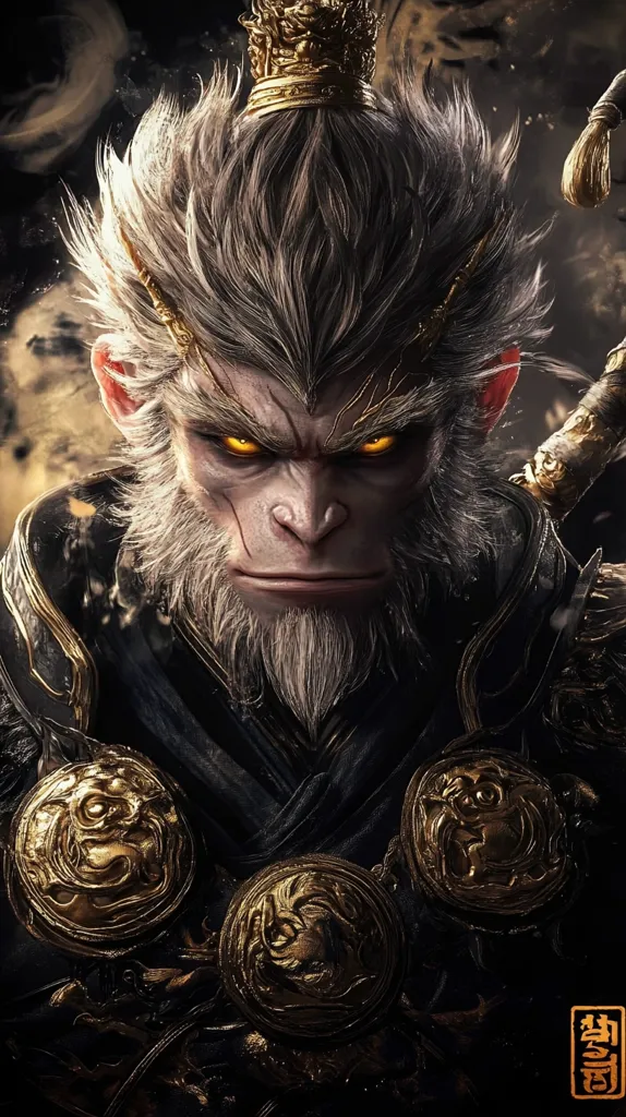 The image depicts a close-up portrait of a monkey warrior. He has a stern expression, piercing yellow eyes, and a long, flowing mane of white hair. He wears a golden crown, a black and gold armor, and decorative golden ornaments. The background is dark and moody, creating an atmosphere of power and mystery. The warrior’s intense gaze and the intricate details of his armor suggest his strength and determination.  The image evokes a sense of ancient legend and epic battle.