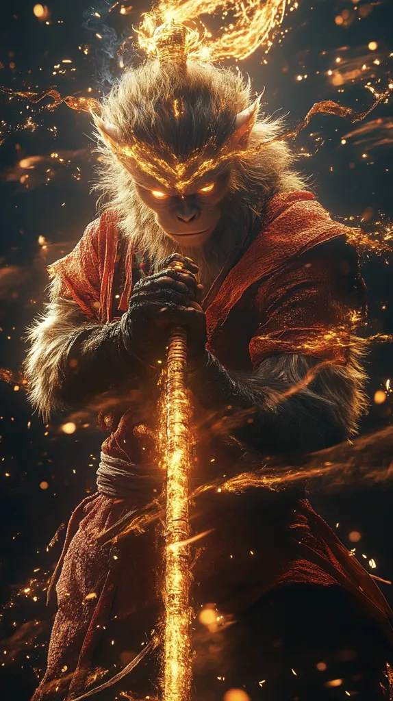 The image depicts a powerful monkey warrior with glowing eyes, clad in red and black armor. He grips a staff that burns with golden flames. The image is full of fire, with sparks and embers filling the dark background. The warrior's expression is fierce, suggesting a battle or a moment of intense focus. The overall atmosphere is one of power and danger.
