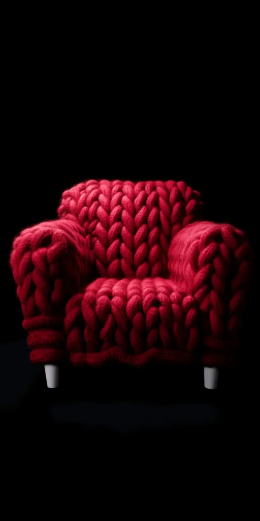 A large, plush armchair is the focal point of the image. It is crafted from a thick, chunky knit fabric in a deep crimson red, creating a soft and inviting appearance. The armchair has a wide seat and high back, with chunky arms that appear to be stitched or sewn together. The fabric's texture is visible, highlighting the individual knit stitches, and the armchair sits on a dark background, emphasizing its bold color and form.  The armchair appears to be a statement piece, a cozy and visually striking addition to any space.