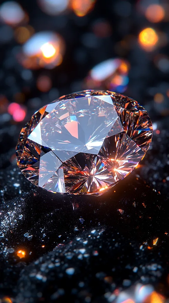 A large, brilliant diamond sits on a dark, textured surface.  The diamond is cut with many facets, reflecting light in a rainbow of colors.  The background is blurred, with out-of-focus sparkles of light. The image is a close-up shot, highlighting the intricate beauty of the diamond.