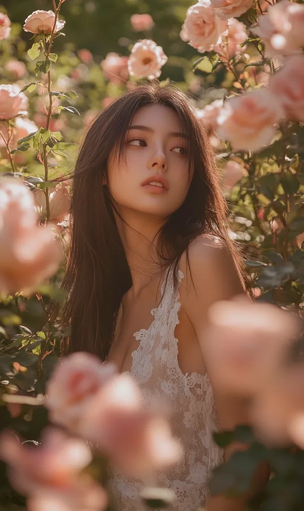 A young woman with long dark hair is framed by a field of pink roses.  Her delicate features are accentuated by the soft, warm light filtering through the flowers. She gazes off to the side, her expression pensive and alluring,  wearing a delicate, white lace top. The image is a delicate blend of beauty and mystery, evoking a sense of tranquility and the soft charm of a summer afternoon.