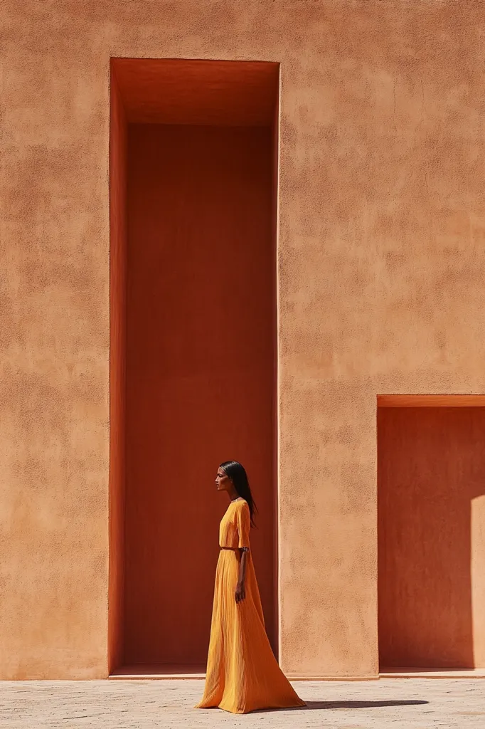 A woman in a bright yellow dress walks towards the camera, against a backdrop of two large, rectangular openings in a terracotta-colored wall. The simplicity of the image creates a minimalist aesthetic, with the woman and her dress being the focal point.  The warm tones of the wall and the dress complement each other.  A sense of solitude and tranquility emanates from the scene.